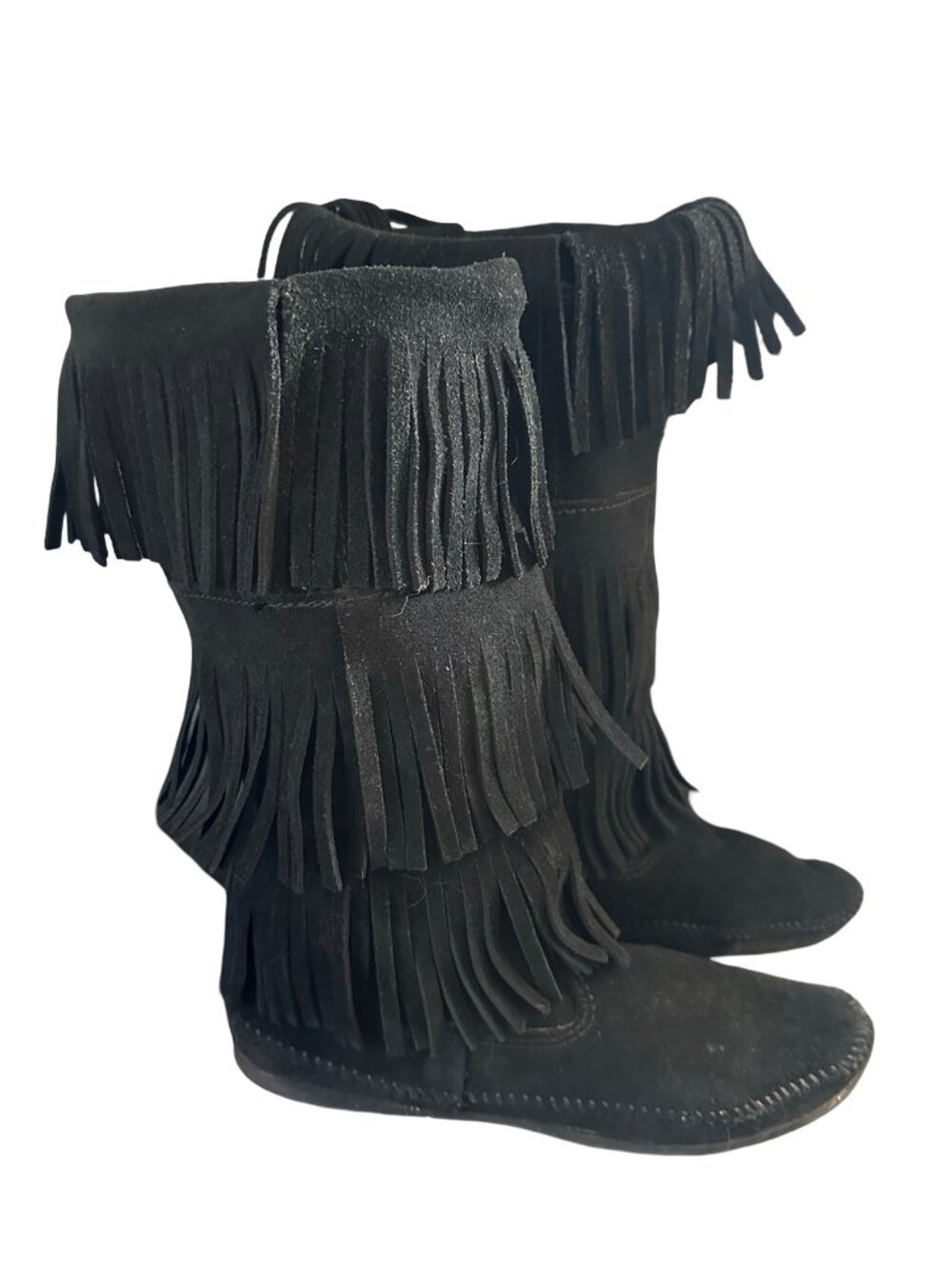 Minnetonka 3 Tier Black Fringe Slip On Flat Festival Boho Moccasin Boot 10